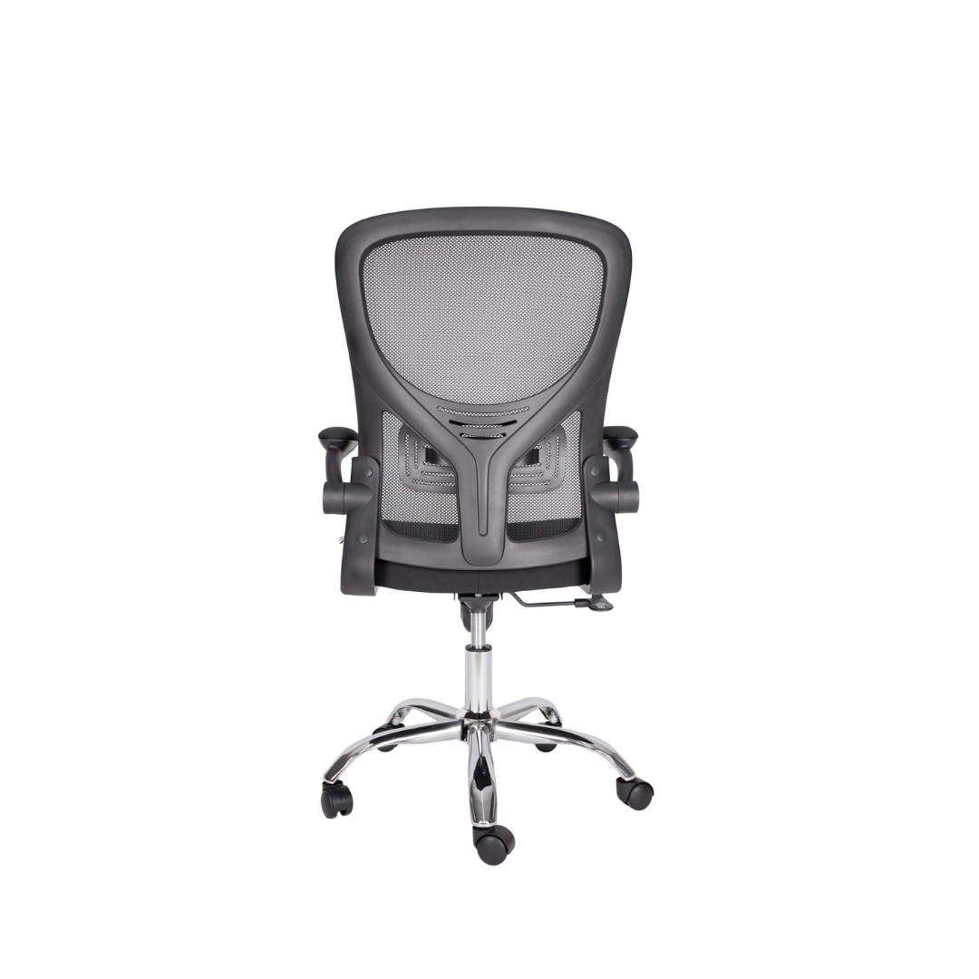 The Silla Brescia is a modern ergonomic office chair featuring a black mesh backrest and armrests, complemented by a chrome base with five caster wheels, as viewed from the back.
