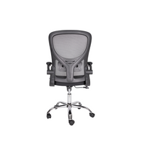 The Silla Brescia is a modern ergonomic office chair featuring a black mesh backrest and armrests, complemented by a chrome base with five caster wheels, as viewed from the back.