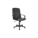 The Ecogerencial is a black leather office chair equipped with armrests and a high backrest. It includes a five-wheel base for mobility and an adjustable height lever on the side.