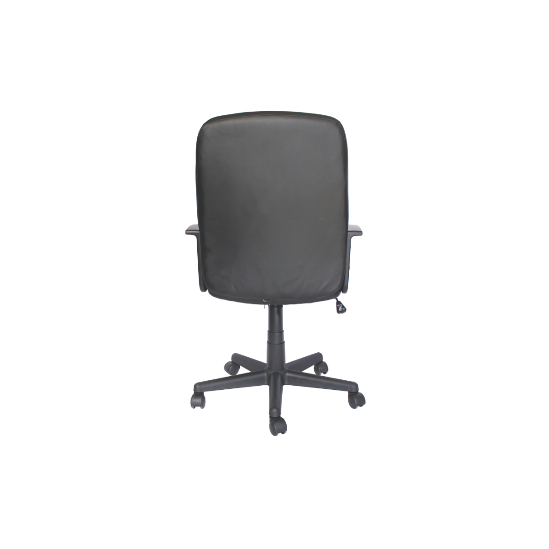 The Ecogerencial office chair boasts a back view with a cushioned backrest, armrests, and a sleek black design. It features a swivel base with five wheels for easy mobility and a lever for height adjustment, making it ideal for any office setting.